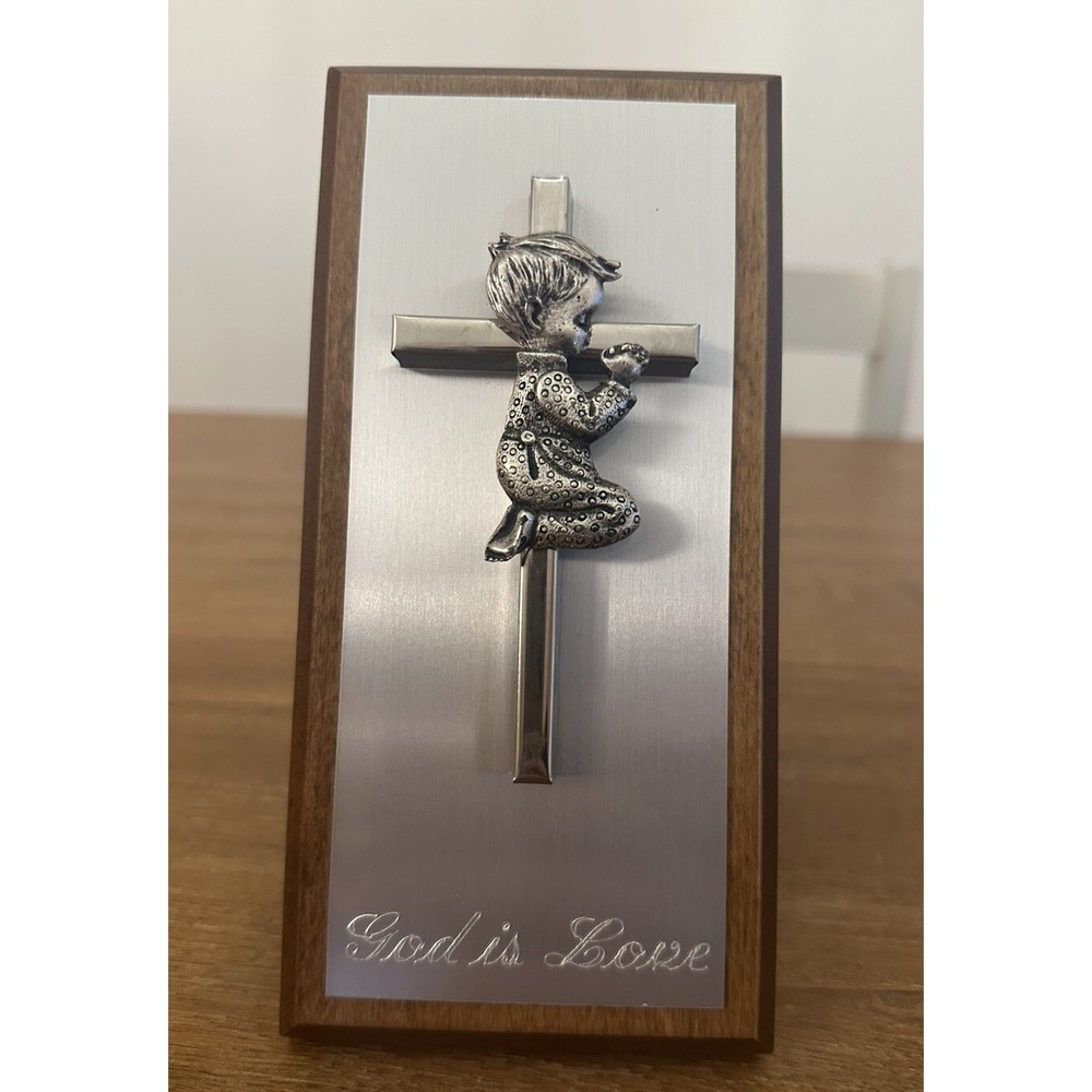 Vintage GOD IS LOVE Cross Metal Wall Plaque‎ Boy Praying 7"